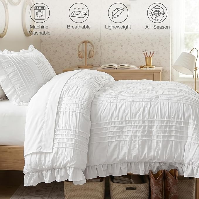WONGS BEDDING White Comforter Set Twin, 3 Pieces Ruffle Shabby Chic Comforter - Image 7
