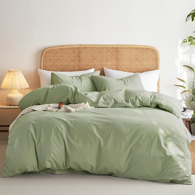 Wake In Cloud - Cotton Duvet Cover Set, Twin Size, Sage Green, 100% Washed - Image 8