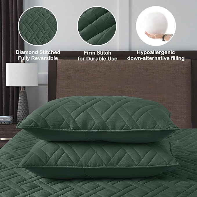 HORIMOTE HOME Quilt Set Queen Size Dark Green, Classic Geometric Diamond - Image 5