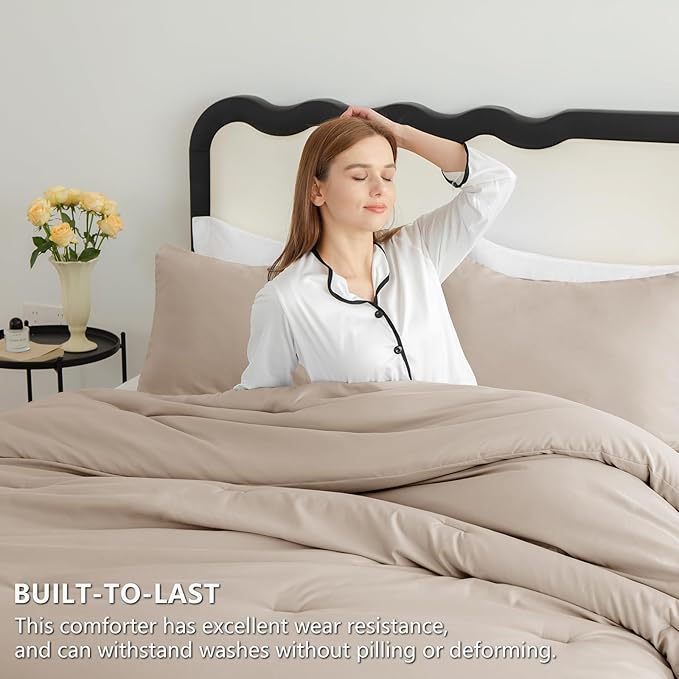 CozyLux King Size Comforter Set Wheat, 3 Pieces Solid Comforters King Size - Image 3