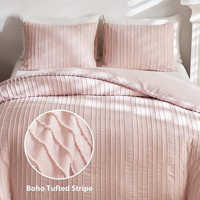 WARMDERN Pink Boho Duvet Cover King Size, Striped Textured Duvet Cover Set - Image 2