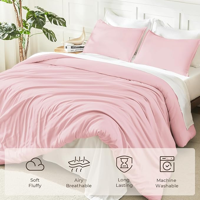 Litanika Pink Comforter Set Queen Size, 3 Pieces Lightweight Soft Fluffy Solid - Image 3