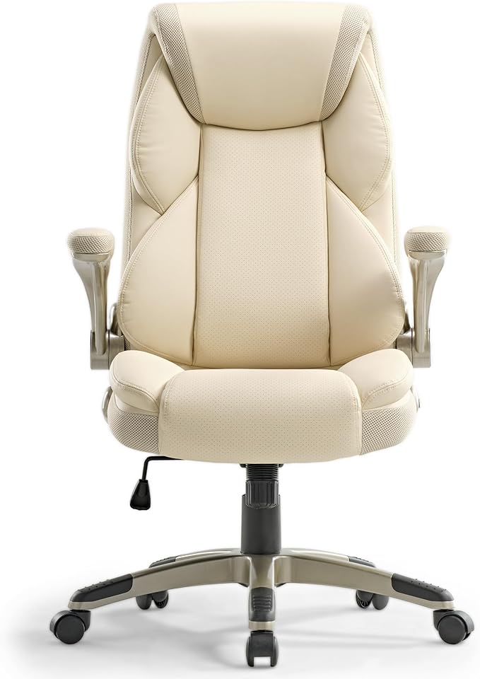 EUREKA ERGONOMIC Executive Office Chair Flip Up Arm Rest, Ergonomic Desk Chair Faux Leather Computer Chair, High Back Office Chair with Headrest, Home Office Desk Chairs with Wheels, Beige-DeskoryOffice
