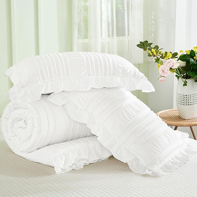 WONGS BEDDING White Queen Comforter Set, Boho Ruffle Comforter - Image 7