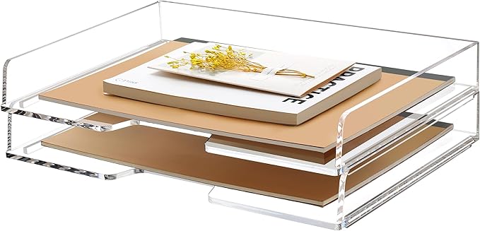 2 Pack- Stackable Paper Letter Tray, Enlarged A4 File Desk Organizer Acrylic Desk Organizers and Accessories Sorter Tray, Clear Workspace Office Supplies Organizers, 13.78inx9.25inx3.62in-DeskoryOffice