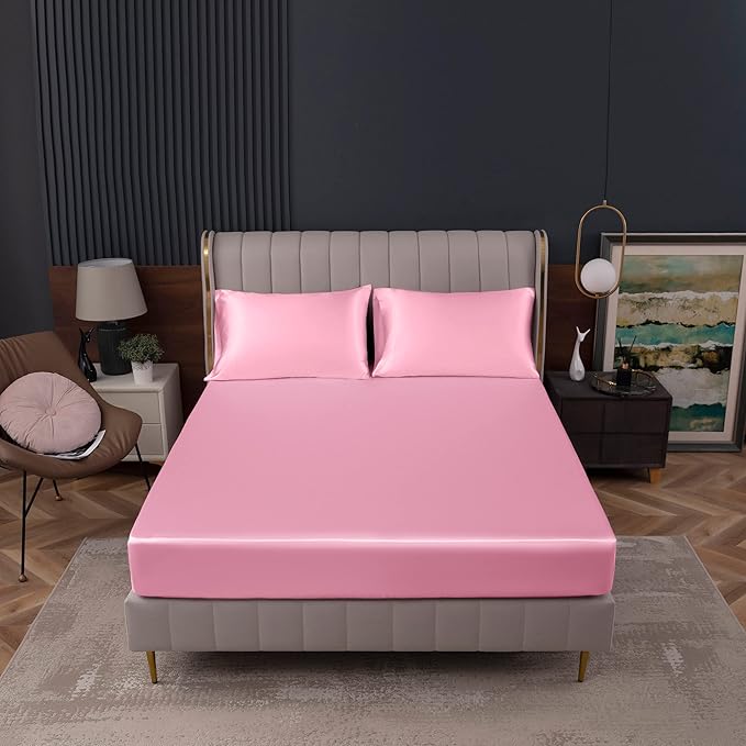Homiest Pink Satin Fitted Sheet Twin Size, Deep Pocket, Luxury & Ultra Soft - Image 2