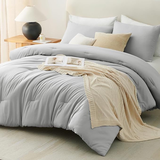 CozyLux Queen Comforter Set Light Grey, 3 Pieces Solid Comforters Queen Size - Image 7