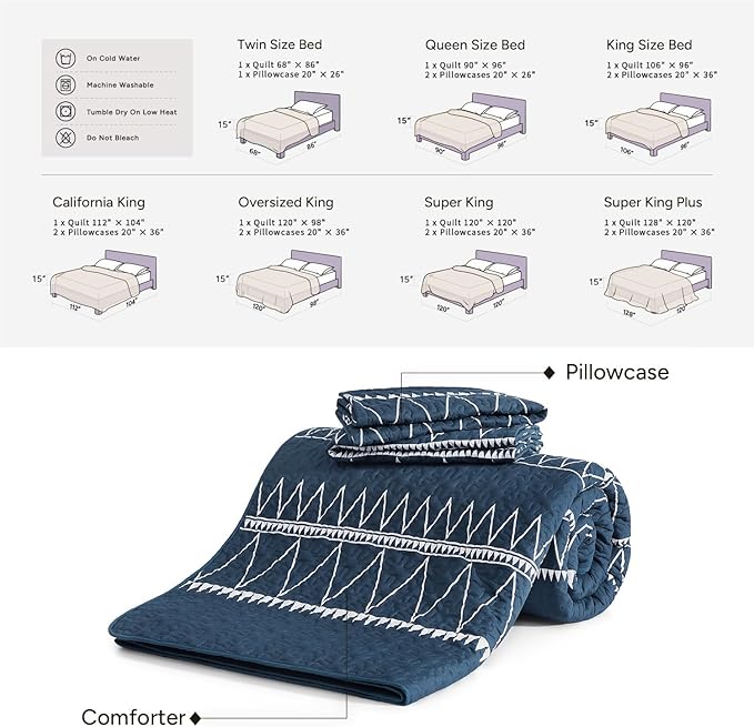 Andency Navy Quilts Queen Size, 3 Pieces Queen Quilt Bedding Set Boho - Image 6