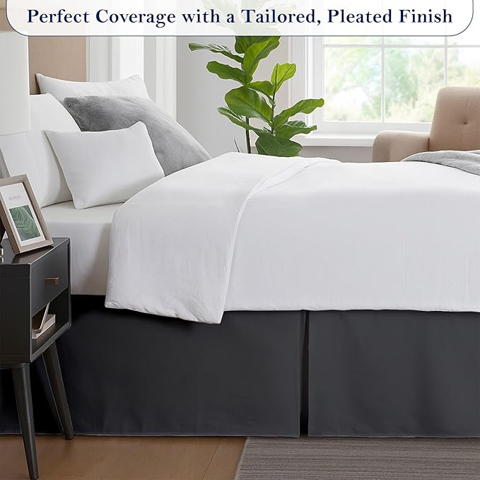 Full Bed Skirt, Luxury 24 Inch Drop Dark Grey Pleated Bed Skirt, Double Brushed Microfiber, Box Pleat Design, Wrinkle & Fade Resistant, Easy Fit Tailored Bedskirt for Full Size Beds