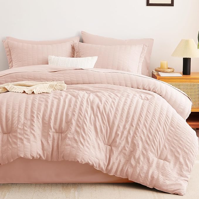 CozyLux Oversized King Comforter Set Blush Pink Seersucker 7 Pieces 120x98 Bed - Image 9