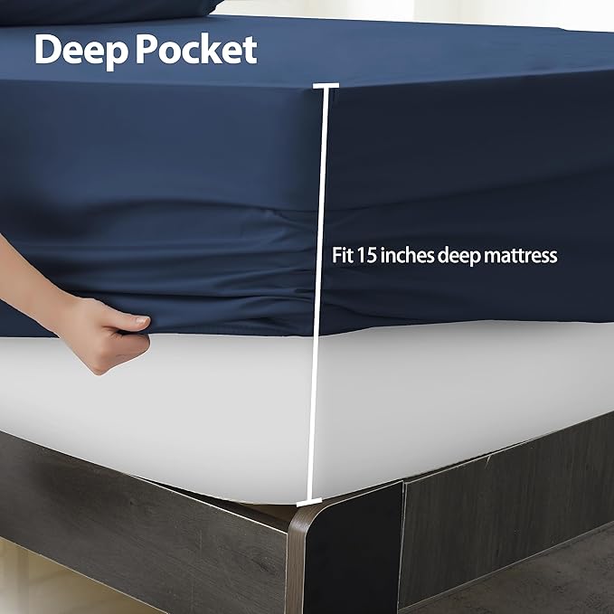 Full Size Fitted Sheet Only Navy Blue, 100% Egyptian Cotton 600 Thread Count - Image 4
