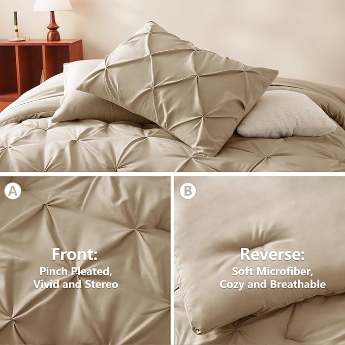 CozyLux Full Size Comforter Sets Taupe, 7 Pieces Pintuck Bed in A Bag Taupe - Image 3