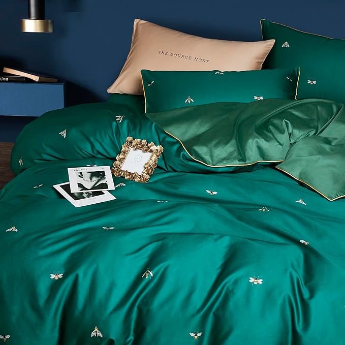 mixinni Dark Green Duvet Cover Twin XL Size, 100% Long Staple Cotton Honeybee - Image 2