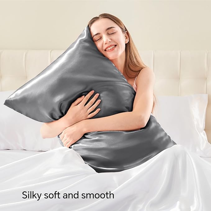 BEDELITE Satin Pillowcase with Zipper 2 Pack, Dark Grey Pillow Cases Standard - Image 2