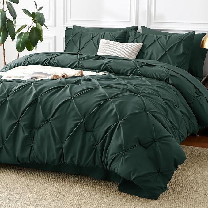 CozyLux King Size Comforter Set Forest Green, 7 Pieces Pintuck Bed in A Bag by CozyLux