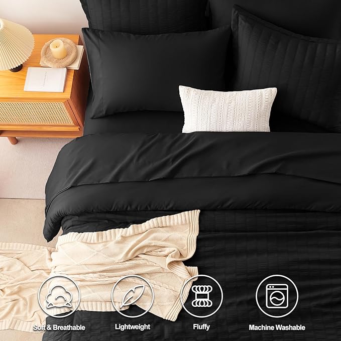 CozyLux King Size Comforter Set Black Seersucker 7 Pieces Bed in a Bag King - Image 2