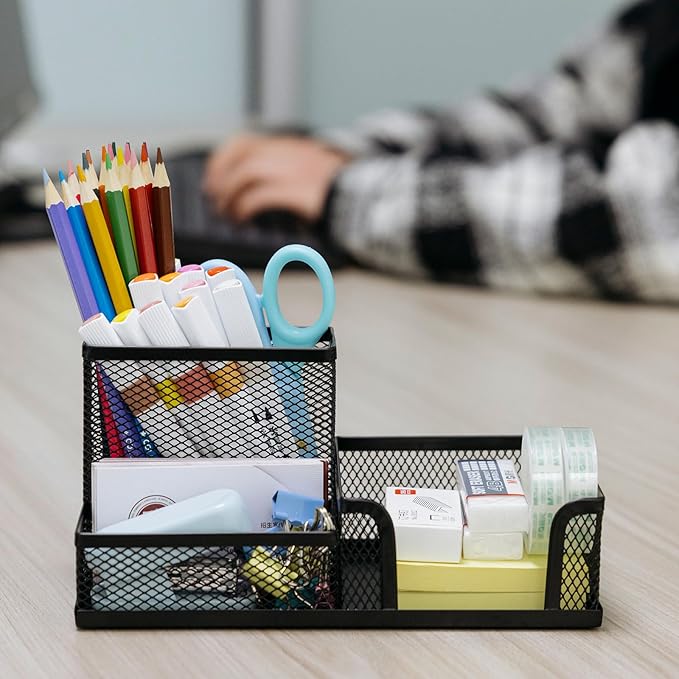 4 Pieces Mesh Pen Holder Desk Organizers and Accessories for Deskop Organizer,3 Compartments Black Pencil Holder for Office Supplies,Gifts for Colleague-DeskoryOffice