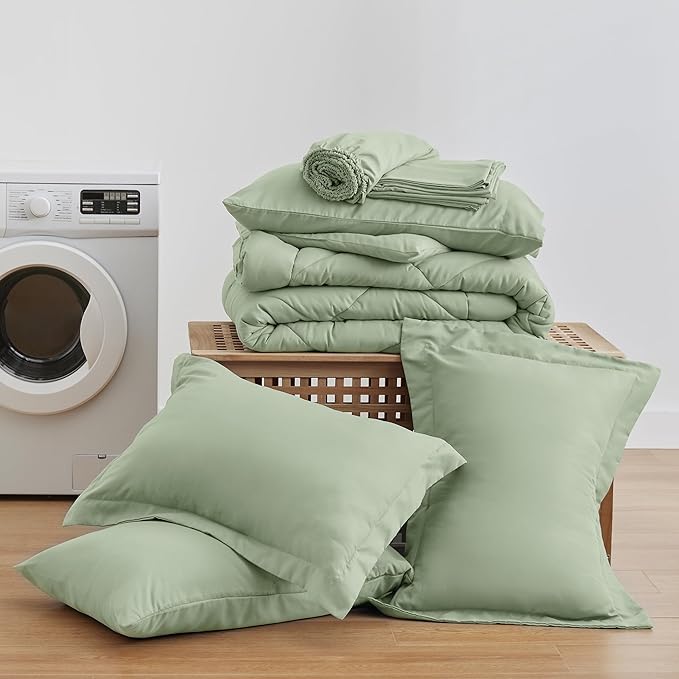 Love's cabin Queen Comforter Set Sage, 7 Pieces Queen Bed in a Bag, All Season - Image 6