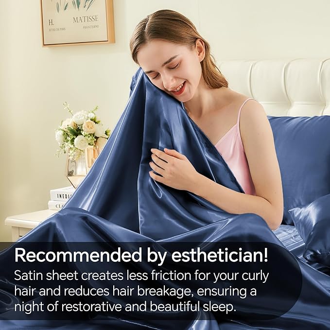 BEDELITE Satin Sheets Queen Size Bed Set, Luxury Soft Navy Silky Sheets - Image 4