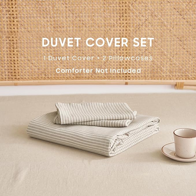 Wake In Cloud - Striped Cotton Duvet Cover Set, 100% Washed Cotton Textured - Image 2