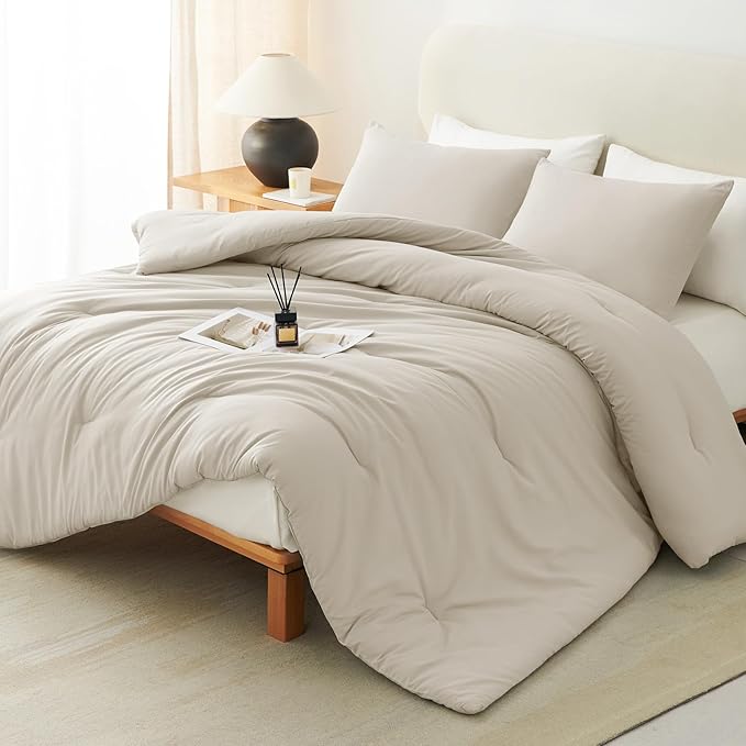 CozyLux Queen Comforter Set Oatmeal, 3 Pieces Solid Comforters Queen Size by CozyLux