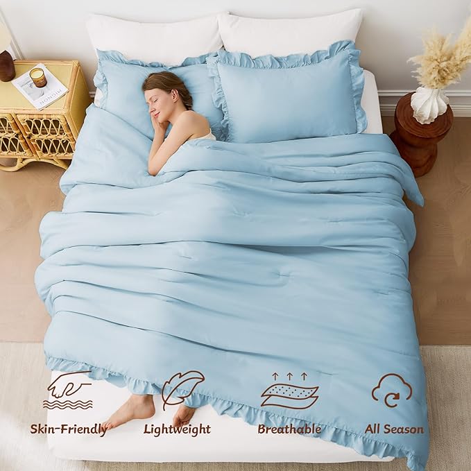 FUANNA Queen Comforter Set Light Blue, 3 Pieces Ruffle Queen Bed Set, Fluffy - Image 2