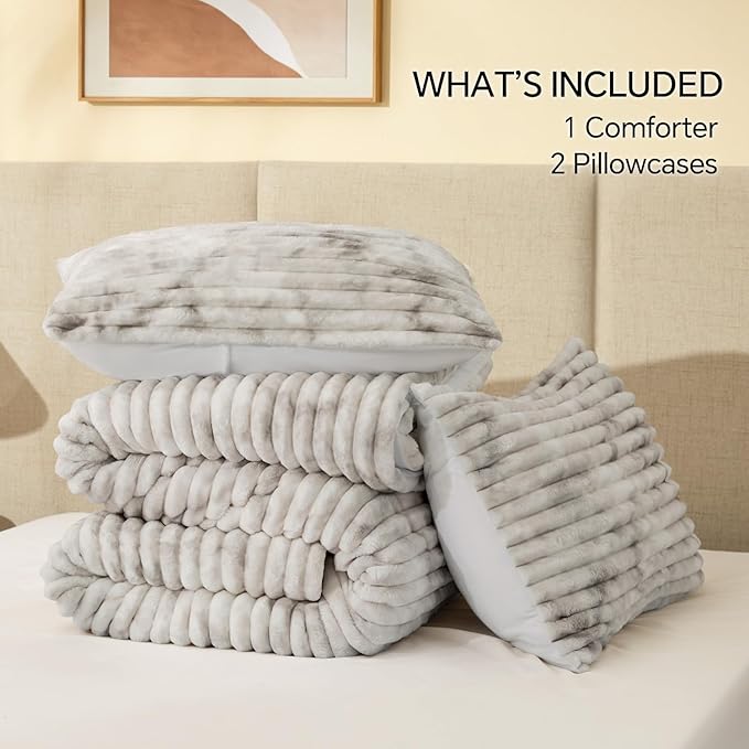 BEDELITE Fleece Queen Comforter Set -Super Soft & Warm Fluffy Grey&White Bedding - Image 6