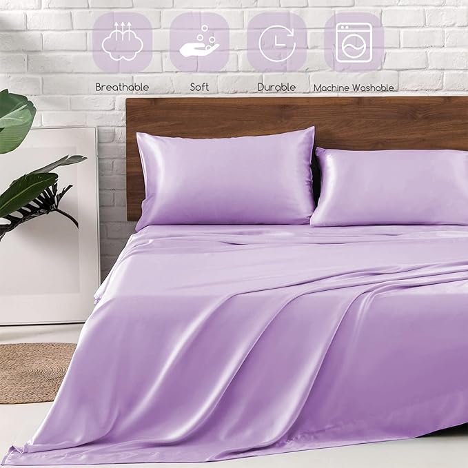 MR&HM Satin Bed Sheets with Elastic Corner Straps, Queen Size Sheets Set - Image 5