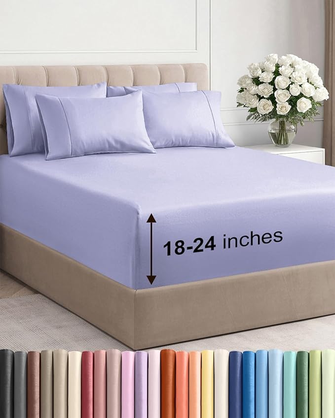 Extra Deep Queen Sheet Set - 6 Piece Breathable & Cooling Sheets - Hotel Luxury Bed Sheets Set - Easy & Secure Fit - Soft, Wrinkle Free & Comfy Sheets Set - Lavender Sheet Set with Extra Deep Pockets