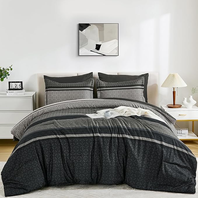 WONGS BEDDING 7 Pieces Comforter Set King Size, Dark Grey Black Striped Bed in - Image 9
