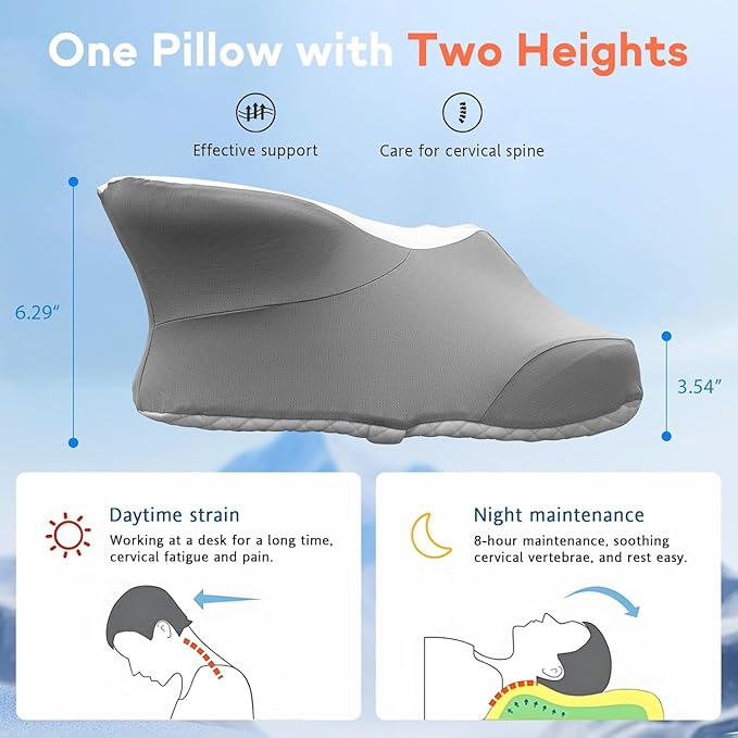 Extra High Loft Cervical Pillow for Side Sleepers, 6.30" Ergonomic Memory Foam Pillow for Broad Shoulders, Dual-Height Design, Washable Cove