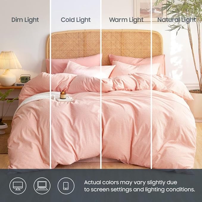 Wake In Cloud - Striped Cotton Duvet Cover Set, 100% Washed Cotton Textured - Image 3
