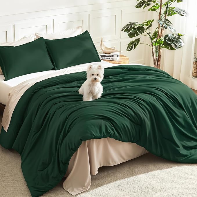 Litanika Dark Emerald Green King Comforter Set, 3 Pieces Solid Forest Bedding by Litanika