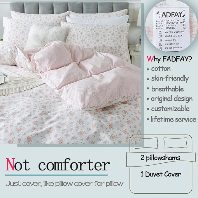 FADFAY Twin Duvet Cover Set Pink Floral Comforter Cover 100% Cotton Girls Pink - Image 2