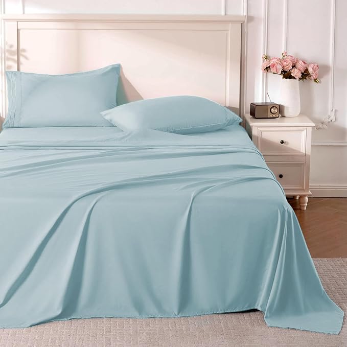 ROSE&RISY Light Blue Sheet Set, 4 Pieces Soft Bedding Queen Sheet Set, by ROSERISY