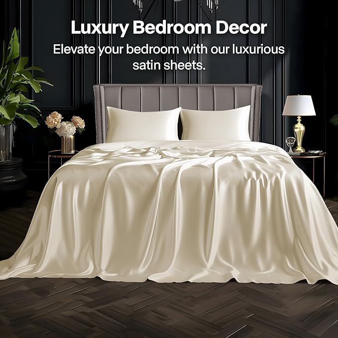 BEDELITE Satin Sheets Twin Size Bed Set, Luxury Soft Beige Silky Sheets - Image 2