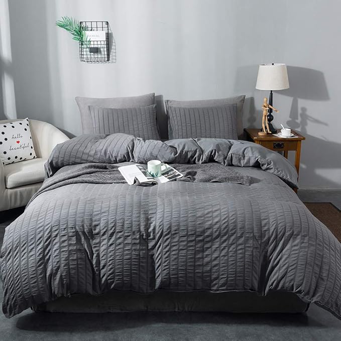 AveLom Seersucker Duvet Cover Set King Size, 3 Pieces, Dark Gray Ultra Soft by AveLom