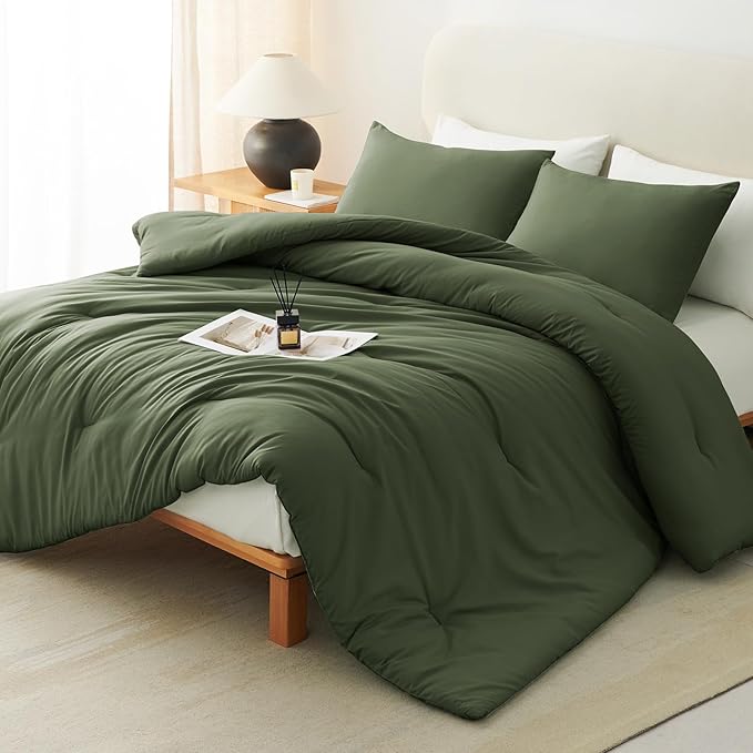 CozyLux Queen Comforter Set Olive Green, 3 Pieces Solid Comforters Queen Size by CozyLux