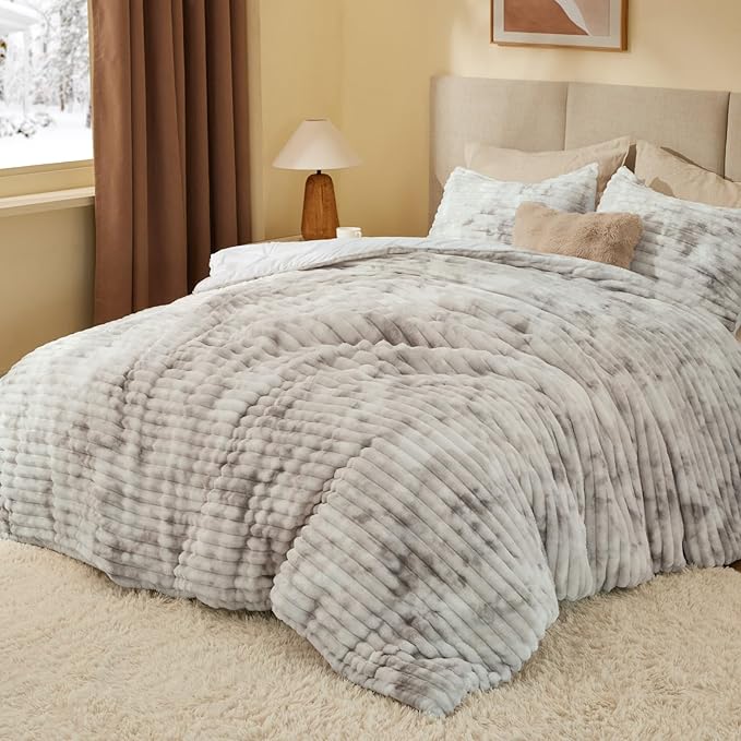 BEDELITE Fleece Queen Comforter Set -Super Soft & Warm Fluffy Grey&White Bedding - Image 2