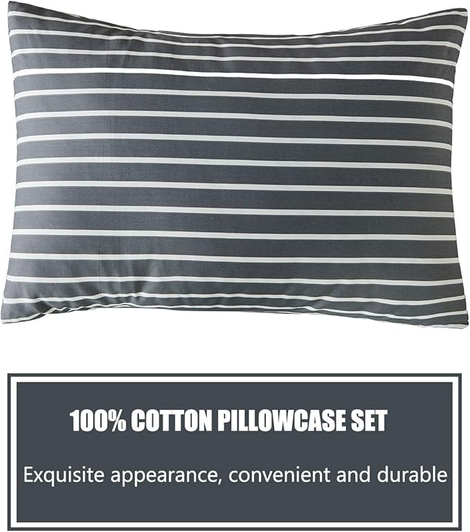 JELLYMONI 100% Natural Cotton 3pcs Striped Duvet Cover Sets, Dark Grey Duvet - Image 9
