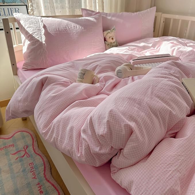 mixinni Pink Gingham Duvet Cover Twin Size - Image 8