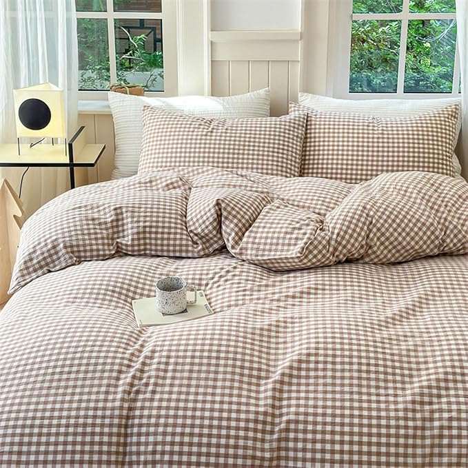 Nayoroom Brown Gingham Duvet Cover Queen Size Tan White Plaid Checkered Duvet - Image 3