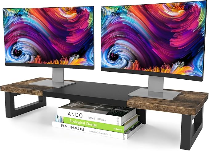 WESTREE Dual Monitor Stand Riser, Wood and Steel Monitor Stand Riser, Computer Monitor Stand for 2 Monitors, Multi-Purpose Desktop Storage Stand for Computer,Laptop,Printer,TV-DeskoryOffice