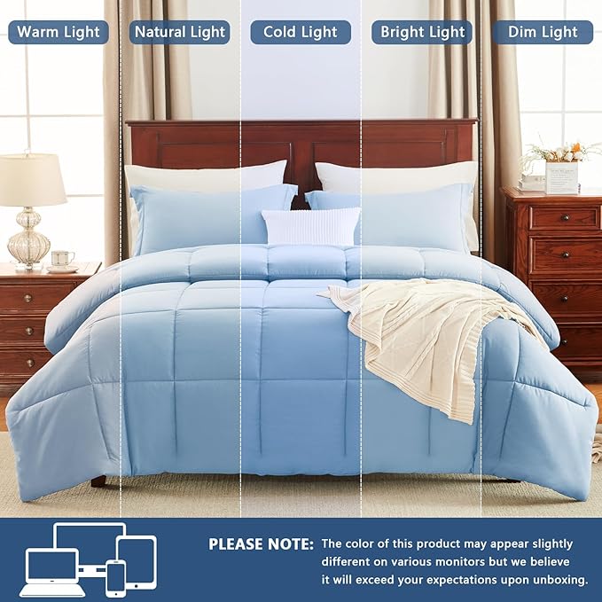 CozyLux Oversized King Comforter Set, 3 Pieces Baby Blue 120x98 Box Stitched - Image 5