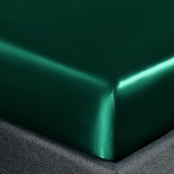 Homiest Blackish Green Satin Fitted Sheet Queen Size, Deep Pocket, Luxury & - Image 3