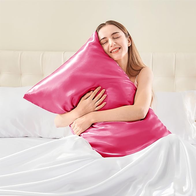 BEDELITE Satin Pillowcase with Zipper 2 Pack, Hot Pink Pillow Cases Standard - Image 2