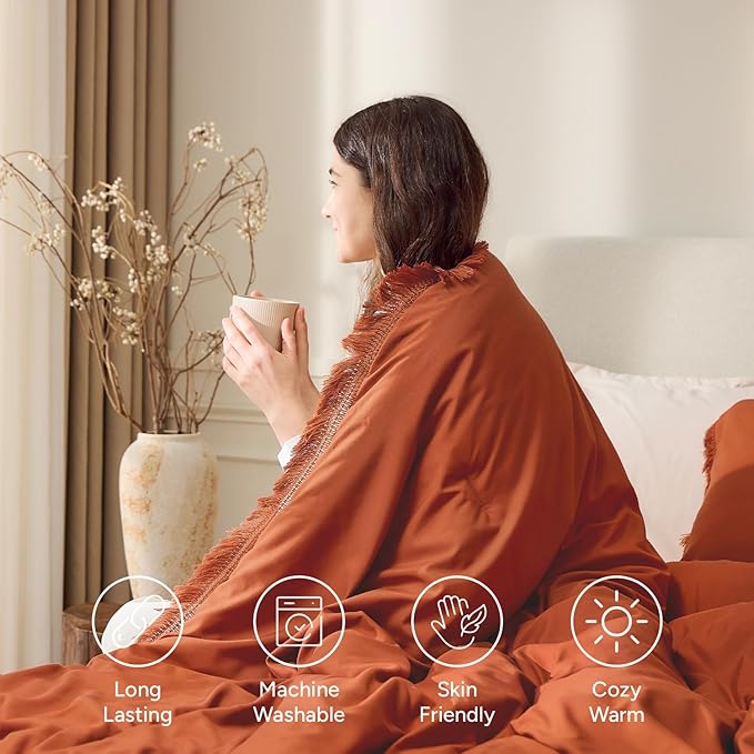 Andency Comforter Full Size Set Burnt Orange, 3 Pieces Boho Terracotta Winter - Image 4