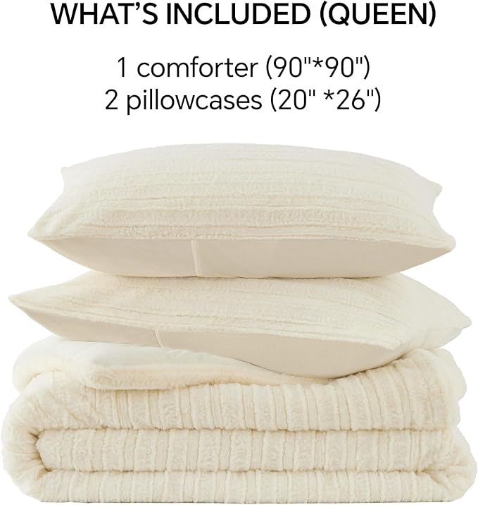 BEDELITE Fleece Queen Comforter Set -Super Soft & Warm Fluffy Cream White Faux - Image 8
