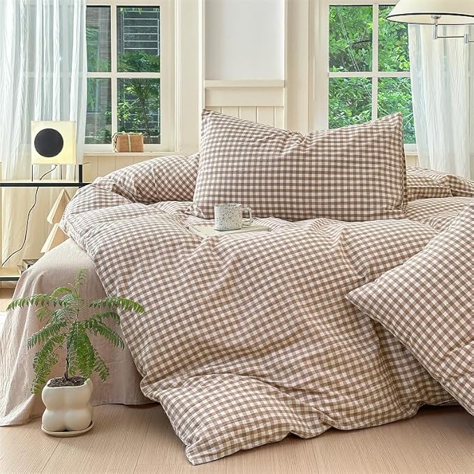 Nayoroom Brown Gingham Duvet Cover Queen Size Tan White Plaid Checkered Duvet - Image 4
