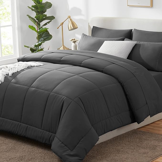 CozyLux King Size Comforter Set Dark Grey, 7 Pieces Bed in a Bag, Dark Grey by CozyLux